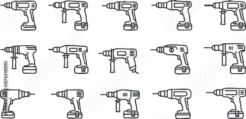 Outline vector icon set featuring various electric drills and tools for construction and DIY projects