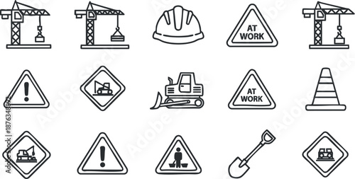 Set of construction safety vector icons featuring warning signs, hard hat, and equipment symbols for worksite safety.