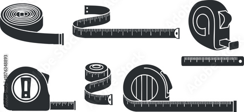 Minimalist black and white vector illustration of various measuring tape designs, suitable for construction and DIY projects.
