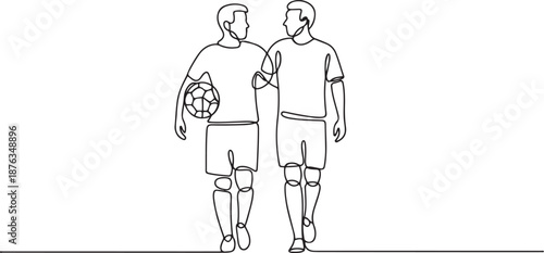 Continuous line drawing of two football player bring a ball and walking together to show sportsmanship. Respect in soccer sport concept. one line Icon drawing