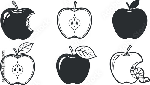 Collection of black and white vector illustrations featuring various apples in different styles for food-related design projects