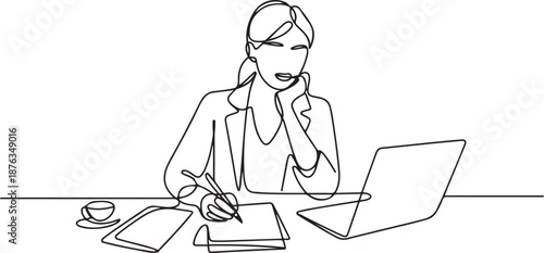One single line drawing of young pensive female employee works overtime to finish writing company draft business proposal. Business agreement concept. one line Icon drawing