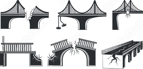 Silhouette vector illustration set of various bridges, including modern designs and damaged structures for urban planning and engineering projects