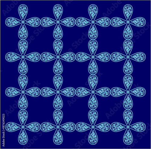 Принти на полотні Intricate blue motifs interweave in a symmetrical grid, blending organic elegance with geometric precision to evoke calm, rhythm, and timeless ornamental beauty
