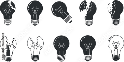 Set of minimalist vector illustrations featuring broken and intact light bulbs in a modern design style for creative projects
