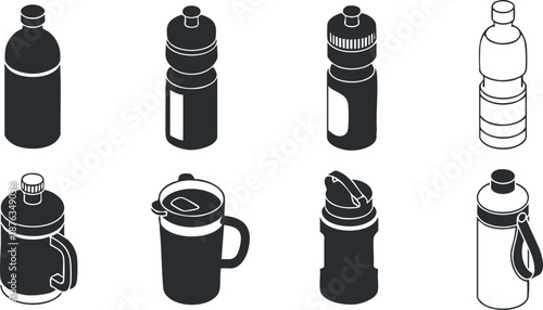 Collection of minimalist black and white vector illustrations of various drink bottles and flasks for lifestyle and branding projects