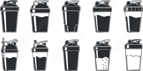 Minimalist black and white vector icon set featuring various shaker bottles for fitness and nutritional purposes