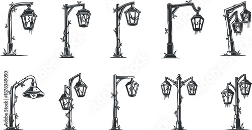 Vintage-style vector illustration set of decorative street lamps featuring intricate designs and floral elements for urban and garden themes