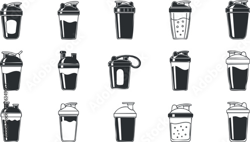Flat design vector illustration of a collection of shaker bottles for fitness and nutrition purposes
