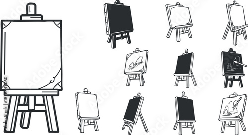 Outline vector illustration of easels in various positions, ideal for art-related projects, education, and design.