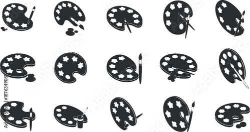 Collection of minimalist black and white vector illustrations of artist palettes and brushes for creative design projects