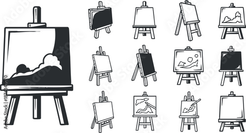 Collection of minimalist vector illustrations featuring easels with various landscape paintings for art and design projects