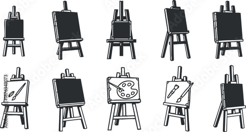 Vector illustration collection of easels and art tools in a minimalist style for creative projects and educational use
