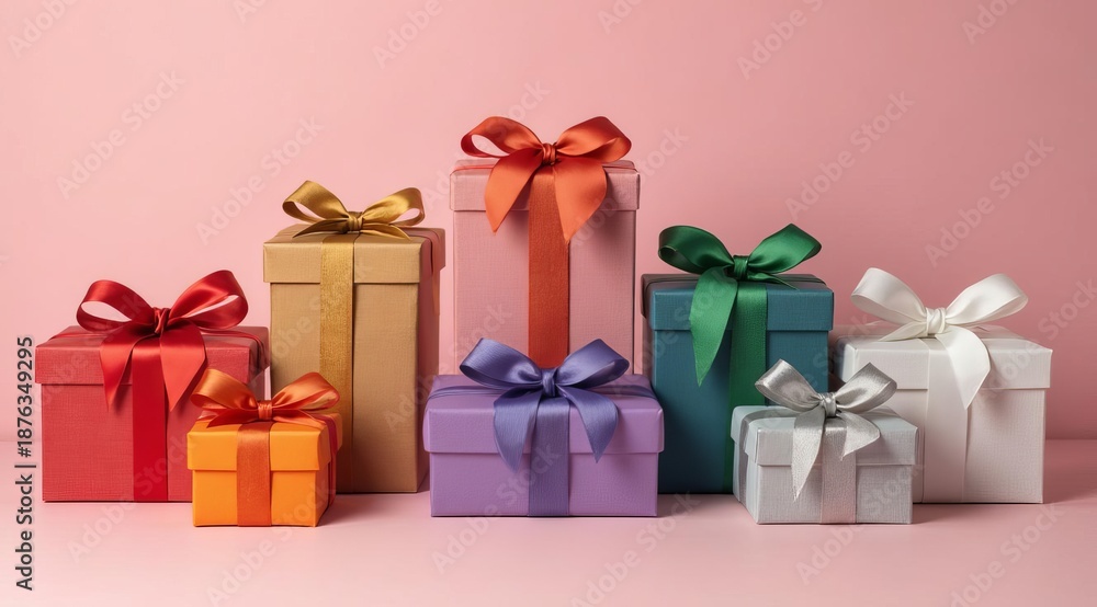 Fototapeta premium Stylish gift boxes with silk bows on a pastel pink background. A festive composition for postcards, websites and social networks.