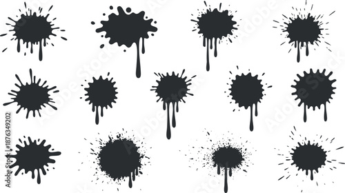Collection of black ink splash vector illustrations featuring various shapes and sizes for creative design projects.
