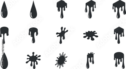 Stylish black vector collection of liquid drops and splashes ideal for creative designs and graphic projects