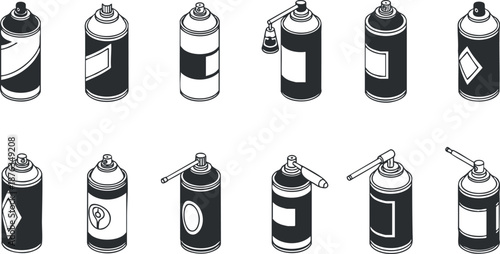Collection of minimalist black and white vector illustrations of spray paint cans for art and design projects