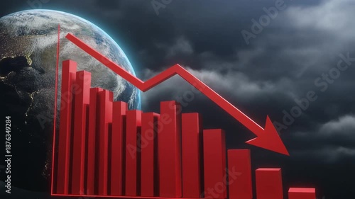 A cinematic 3D animation of a declining red bar chart falling sharply downward while 