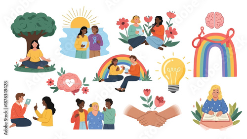 Collection illustrating mental health awareness concepts featuring diverse people supporting wellness activities