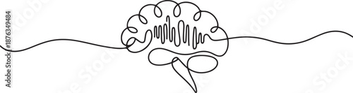 Single continuous line drawing of human brain listening music beat for musical company logo label. Smart audio dj logotype icon concept. one line Icon drawing