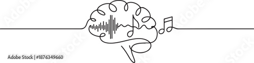 Single continuous line drawing of human brain listening music beat for musical company logo label. Smart audio dj logotype icon concept. one line Icon drawing