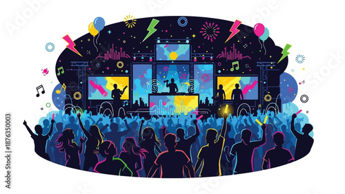 Energetic crowd celebrating a vibrant outdoor music festival performance under bright stage lights