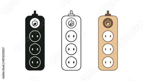 Three colorful power strips with outlets and switches on a white background