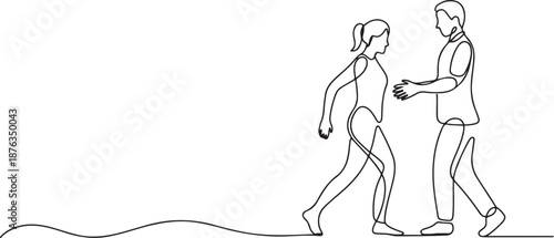 Single continuous line drawing woman walking in medical rehabilitation, physical therapy. Female in recovery doing exercises. Girl therapist helping in rehab healthcare. one line Icon drawing
