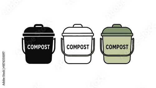 Three compost bins in different colors on a white background