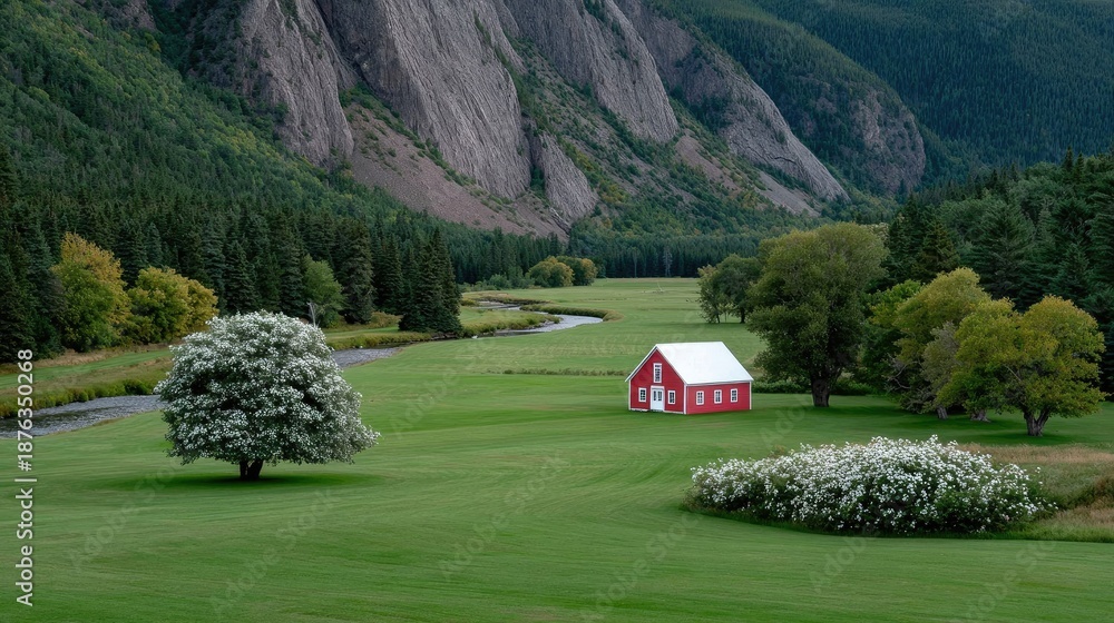 Obraz premium Scenic Pastoral Dream: A vibrant red house nestled amidst a sprawling green landscape, embraced by towering trees and majestic mountains. A true haven of tranquility and natural beauty.