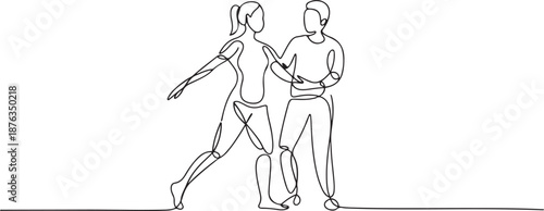 Single continuous line drawing woman walking in medical rehabilitation, physical therapy. Female in recovery doing exercises. Girl therapist helping in rehab healthcare. one line Icon drawing