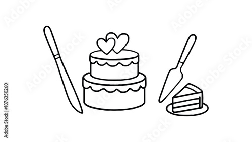 A cartoon illustration of a cake with a knife and spatula
