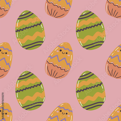 Cute hand drawn Easter seamless pattern with painted easter eggs. Festive vector background.