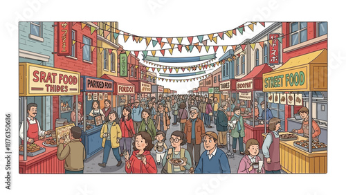 Lively crowds gather enjoying delicious diverse food offerings at a vibrant outdoor street market festival