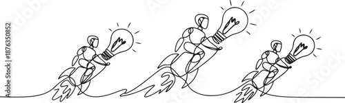 Continuous one line drawing robots riding light bulb rockets. Modern robotics artificial intelligence technology. Electronic technology industry. one line Icon drawing