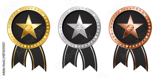 Luxury gold, silver, bronze award medals with star and ribbon. Elegant glossy design for competition, certificate, VIP, premium badge. Vector illustration set on white background