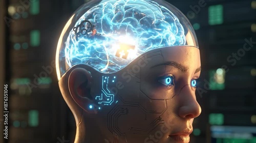 Hyper Realistic Close Up of Humanoid Robot with Transparent Head Revealing Glowing Brain and Circuitry, Symbolizing Advanced AI Technology