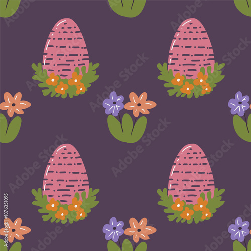 Cute hand drawn Easter seamless pattern with painted easter eggs and flowers. Festive vector background.