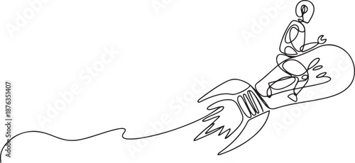 Continuous one line drawing robots riding light bulb rockets. Modern robotics artificial intelligence technology. Electronic technology industry. one line Icon drawing