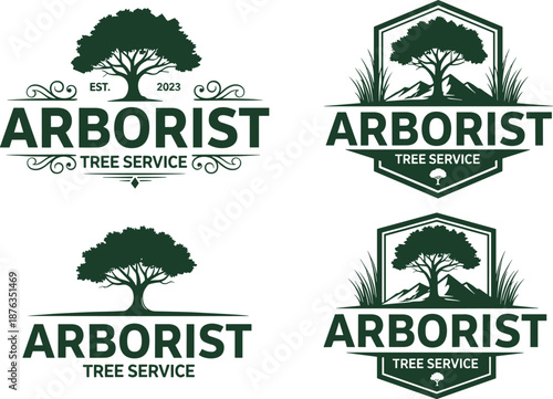 Arborist tree service logo collection, professional green forestry landscaping emblems with oak tree badges for gardening maintenance business branding vector design