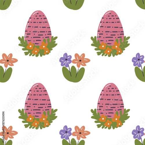 Cute hand drawn Easter seamless pattern with painted easter eggs and flowers. Festive vector background.