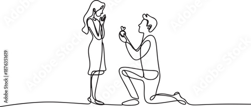 Continuous one line drawing man kneeling holding engagement ring proposing woman marry him happy marriage wedding concept. one line Icon drawing