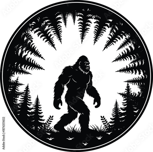 Black and white bigfoot forest silhouette illustration with circular emblem, mysterious sasquatch cryptid creature vector design for folklore, horror, wilderness branding