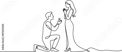 Continuous one line drawing man kneeling holding engagement ring proposing woman marry him happy marriage wedding concept. one line Icon drawing