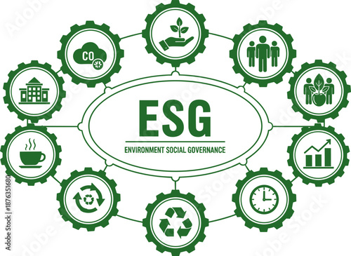 ESG concept illustration, environment social governance icons, sustainable business practices, ethical investment visual, green corporate responsibility, eco-friendly strategy diagram
