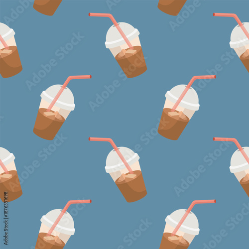 Coffee drink with ice cubes in glass with straw seamless pattern. Cartoon illustration. Ice tea. Take away concept. Vector. Flat design