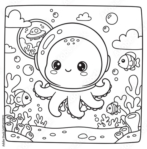 Cute underwater world coloring page for kids, funny sea animals line art, 2D vector illustration