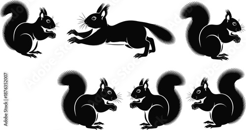 Black and white squirrel silhouette illustration set, cute woodland wildlife rodent poses vector collection for nature branding, posters, stickers, apparel design projects