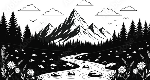 Black and white mountain river landscape illustration with pine forest, wildflowers, clouds, birds, scenic nature vector artwork for outdoor adventure design