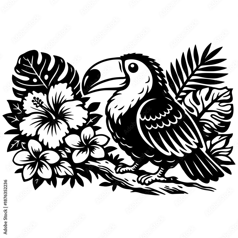 Fototapeta premium Toucan sitting on branch among tropical leaves and flowers vector line art for engrave and decor.
